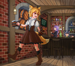 Rule 34 | 3girls, adapted costume, ahoge, alcohol, animal ear fluff, animal ears, asymmetrical hair, bar (place), barmaid, barrel, beer, beer bottle, black jacket, black legwear, blazer, blonde hair, boots, bottle, brick wall, brown footwear, brown skirt, brown vest, capelet, chair, collared shirt, commentary request, cookie (touhou), cross-laced footwear, fox ears, fox girl, fox tail, frilled skirt, frills, full body, grey hair, hair between eyes, highres, hisui (cookie), indoors, jacket, long hair, long sleeves, looking to the side, medium hair, miramikaru riran, mouse ears, mouse girl, multiple girls, nazrin, necktie, nyon (cookie), open mouth, pink skirt, purple hair, rabbit ears, red eyes, red neckwear, reisen udongein inaba, shirt, short hair, short sleeves, sidelocks, skirt, socks, standing, tail, touhou, vest, walking, white capelet, white shirt, wine bottle, yan pai