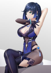 Rule 34 | absurdres, aqua eyes, armpits, asymmetrical hair, black gloves, black hair, blue eyes, blue hair, bodysuit, bracelet, breasts, choker, cleavage, colored tips, diagonal bangs, dice, earrings, fishnets, gem, genshin impact, gloves, gradient hair, highres, huahuademaomaotou, jewelry, large breasts, leotard, medium hair, mole, mole on breast, multicolored hair, parted lips, presenting armpit, simple background, sitting, solo, tassel, teeth, thighhighs, thighs, vision (genshin impact), yelan (genshin impact)