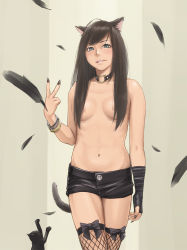 Rule 34 | 1girl, animal, animal ears, areola slip, arm at side, bangle, beige background, black gloves, black hair, black nails, blue eyes, bow, bracelet, breasts, cat, cat ears, cat tail, collar, cowboy shot, feathers, fingerless gloves, fingernails, fishnet thighhighs, fishnets, gloves, grin, hair censor, hair over breasts, helpig, jewelry, long fingernails, long hair, looking at viewer, nail polish, navel, original, parted lips, short shorts, shorts, single glove, small breasts, smile, solo, swept bangs, tail, thighhighs, topless, v