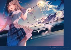 Rule 34 | 1girl, absurdres, artist name, blush, bow, breasts, brown hair, cloud, cloudy sky, fireworks, gradient sky, hair ornament, highres, holding, kisaragi yuri, long hair, medium breasts, open mouth, original, outdoors, page number, pleated skirt, purple eyes, scan, school uniform, shirt, short sleeves, simple background, skirt, sky, smile, solo, sunset, thighs, water, x hair ornament