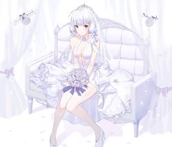 Rule 34 | 1girl, absurdres, ahoge, aircraft, airplane, alternate costume, azur lane, blue eyes, blunt bangs, blush, bouquet, breasts, bridal veil, choker, cleavage, couch, dress, elbow gloves, flower, garter straps, gloves, hair ornament, hair ribbon, hat, high heels, highres, holding, holding bouquet, illustrious (azur lane), illustrious (morning star of love and hope) (azur lane), jayamon, large breasts, light smile, long hair, looking at viewer, low twintails, mole, mole under eye, on couch, parted lips, pumps, ribbon, rose, sidelocks, sitting, smile, solo, thighhighs, thighs, tiara, tress ribbon, twintails, veil, wedding dress, white dress, white flower, white footwear, white gloves, white hair, white rose, white thighhighs