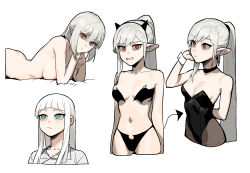 Rule 34 | 3girls, aqua eyes, arched back, arm behind back, ass, bare shoulders, black choker, black footwear, black headband, black legwear, black leotard, blouse, blunt bangs, bra, breasts, choker, collarbone, completely nude, demon tail, earrings, fake horns, francisca (gogalking), gogalking, hair between eyes, headband, highleg, highleg leotard, highres, hime cut, horns, jewelry, leotard, long hair, looking at viewer, looking up, lying, medium breasts, medium hair, multiple girls, multiple views, nude, on stomach, original, pantyhose, pointy ears, ponytail, red eyes, shirt, sideboob, sidelocks, simple background, slit pupils, strapless, strapless bra, tail, underwear, vampire&#039;s sister (gogalking), vampire (gogalking), very long hair, white background, white hair, white shirt, wrist cuffs