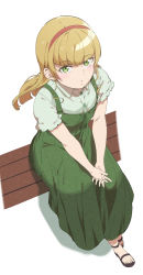Rule 34 | 1girl, alternate costume, blonde hair, blunt bangs, collared shirt, dress, female focus, from above, full body, green dress, green eyes, hairband, heanna sumire, highres, interlocked fingers, looking at viewer, love live!, love live! superstar!!, on bench, pinafore dress, red hairband, ringlets, sandals, sato uma, shirt, short sleeves, sidelocks, simple background, sitting, sleeveless dress, solo, v arms, white background, white shirt