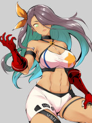 Rule 34 | 1girl, abs, armlet, azur lane, bare shoulders, black choker, blouse, breasts, choker, cleavage, closed mouth, collarbone, commentary request, cowboy shot, criss-cross halter, crop top, dark-skinned female, dark skin, elbow gloves, gloves, gluteal fold, green eyes, green hair, hair between eyes, hair over one eye, hair ribbon, halterneck, hand on thigh, hand up, large breasts, leg tattoo, long hair, looking at viewer, midriff, multicolored hair, navel, northampton (azur lane), purple hair, red gloves, ribbon, shirt, short shorts, shorts, simple background, sitting, skindentation, sleeveless, sleeveless shirt, solo, star (symbol), star print, tattoo, taut clothes, taut shirt, thigh strap, two-tone hair, white shirt, white shorts, yellow ribbon, youhei 64d