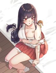 Rule 34 | 2girls, bandages, bandaid, bandaid on arm, bandaid on cheek, bandaid on face, bandaid on hand, bandaid on leg, barefoot, bed, black hair, breasts, brown hair, cleavage, commentary request, fairy (kancolle), floral print, fusou (kancolle), fusou kai ni (kancolle), hair ribbon, highres, japanese clothes, kantai collection, large breasts, long hair, low-tied long hair, low twintails, multiple girls, on bed, parted lips, red eyes, ribbon, saitu miki, sitting, skirt, twintails, white ribbon