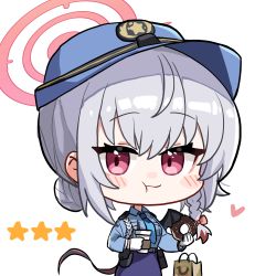 Rule 34 | 1girl, blue archive, coffee, coffee cup, cup, demon tail, demon wings, disposable cup, doughnut, food, halo, haruna (blue archive), highres, necktie, police, police uniform, policewoman, red eyes, simple background, tail, uniform, white hair, wings, yanggaengwang