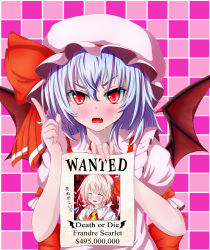 Rule 34 | 1girl, ascot, bat wings, blonde hair, blouse, blue hair, bow, character name, checkered background, english text, engrish text, closed eyes, fang, female focus, flandre scarlet, hair ribbon, hat, hat ribbon, highres, index finger raised, looking at viewer, misumo, mob cap, no headwear, no headwear, open mouth, puffy short sleeves, puffy sleeves, ranguage, red eyes, remilia scarlet, ribbon, shirt, short hair, short sleeves, side ponytail, slit pupils, solo, sweat, touhou, wanted, wings