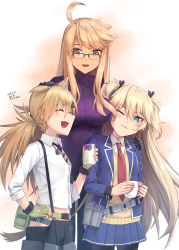 Rule 34 | 3girls, :3, :d, :t, ahoge, alma armas, black-framed eyewear, blonde hair, blue eyes, blue skirt, blush, breasts, brown eyes, closed eyes, closed mouth, collared shirt, commentary request, crossover, cup, dark-skinned female, dark skin, dated, dog tags, fang, fingerless gloves, girls&#039; frontline, glasses, gloves, green gloves, guest character, guest fighter, hair between eyes, hair ornament, hairclip, hand on another&#039;s shoulder, hand on own hip, highres, holding, holding cup, idw (girls&#039; frontline), large breasts, long hair, long sleeves, looking at viewer, low twintails, midriff, multiple girls, necktie, one eye closed, open mouth, over-rim eyewear, pleated skirt, purple sweater, red neckwear, ribbed sweater, sarasa (kanbi), semi-rimless eyewear, shirt, short necktie, signature, skirt, smile, super-shorty (girls&#039; frontline), sweatdrop, sweater, sweater vest, twintails, two side up, va-11 hall-a, very long hair, white shirt, wing collar