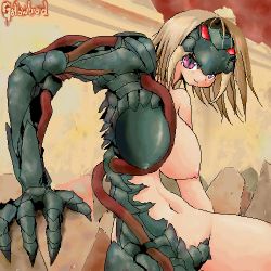 Rule 34 | 1girl, aliasing, blonde hair, breasts, fang, huge breasts, large breasts, looking at viewer, lowres, magic: the gathering, monster girl, navel, nude, pink eyes, red eyes, scales, smile, solo, yone88, yonezuka ryou