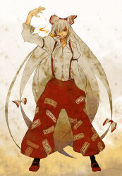 Rule 34 | 1girl, amanohana, blouse, card, female focus, fire, fujiwara no mokou, full body, gradient background, grin, hair over one eye, hand in pocket, legs apart, long hair, mouth hold, navel, ofuda, ofuda on clothes, ribbon, shirt, smile, solo, standing, suspenders, touhou, very long hair, white background, white hair, white shirt