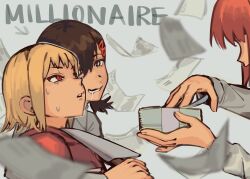 Rule 34 | + +, 3girls, banknote, blade to throat, blonde hair, brown hair, chainsaw man, collared shirt, falling money, grey background, hair ornament, hairclip, higashiyama kobeni, highres, holding, holding knife, holding money, hood, hoodie, knife, liowig, looking at another, looking to the side, makima (chainsaw man), medium hair, money, multiple girls, open mouth, red eyes, red hair, red hoodie, saliva, sawatari akane (chainsaw man), shirt, short hair, short ponytail, simple background, slit pupils, sweat, white shirt