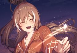 Rule 34 | 1girl, ahoge, blush, brown hair, erezu, feather hair ornament, feathers, fireworks, hair ornament, hairclip, highres, holding fireworks, holocouncil, hololive, hololive english, japanese clothes, kimono, long hair, multicolored hair, nanashi mumei, night, night sky, open mouth, orange kimono, ponytail, sky, smile, solo, sparkler, star (sky), streaked hair, very long hair, virtual youtuber