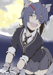 Rule 34 | 1girl, alternate breast size, animal ears, artist name, black thighhighs, checkered necktie, cloud, dated, eyepatch, fang, grey skirt, happy, unworn headgear, highres, kantai collection, looking at viewer, medium hair, messy hair, moon, necktie, night, nose, open mouth, pleated skirt, purple hair, skirt, sleeves rolled up, solo, tail, taira yuuki, teeth, tenryuu (kancolle), thighhighs, wolf ears, wolf paws, wolf tail, yellow eyes