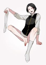 Rule 34 | 10s, 1boy, androgynous, barefoot, black hair, bottomless, collared shirt, earrings, full body, hiki yuichi, jewelry, kashuu kiyomitsu, kneehighs, long hair, male focus, military, military uniform, mole, mole under mouth, nail polish, open mouth, personification, ponytail, red eyes, red nails, shirt, simple background, sitting, smile, socks, solo, toenail polish, toenails, touken ranbu, uniform, white background, white socks