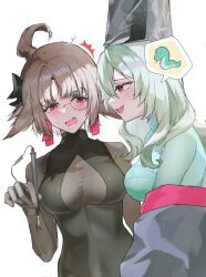 Rule 34 | 2girls, blush, breasts, girls&#039; frontline, girls&#039; frontline neural cloud, green hair, harafrontline, highres, holding, holding brush, light brown hair, long hair, medium breasts, mole, mole under mouth, monocle, multiple girls, nora (neural cloud), open mouth, red eyes, short hair, snake, speech bubble, white background, zangyin (neural cloud)