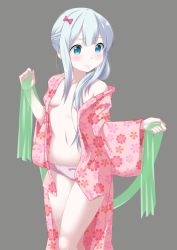 Rule 34 | 10s, 1girl, alternate hair length, alternate hairstyle, bare shoulders, blue eyes, blush, bow, bow panties, breasts, closed mouth, collarbone, cowboy shot, eromanga sensei, grey background, groin, hair censor, hair over breasts, half updo, highres, holding, izumi sagiri, japanese clothes, kaze makase, kimono, light frown, long sleeves, looking to the side, navel, no bra, open clothes, open kimono, panties, petals, pink kimono, pink panties, see-through, shawk, short hair with long locks, sidelocks, simple background, small breasts, solo, standing, stomach, tareme, thighs, underwear, wide sleeves, yukata