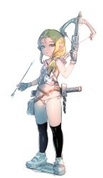 Rule 34 | 1girl, armor, arrow (projectile), bag, bare shoulders, black socks, blonde hair, blue eyes, bow (bhp), bow (weapon), breastplate, crossbow, full body, gloves, holding, holding arrow, kneehighs, long hair, looking at viewer, low ponytail, navel, original, panties, parted lips, pointy ears, ponytail, quiver, sheath, sheathed, shoes, simple background, socks, solo, standing, sword, underwear, weapon, white background, white panties
