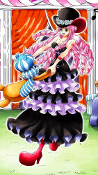 Rule 34 | 1girl, absurdres, black dress, boots, breasts, devil fruit, dress, drill hair, full body, grass, happy, hat, highres, large breasts, logo, long hair, looking to the side, official art, one piece, open mouth, perona, pink hair, scan, smile, solo, stuffed animal, stuffed toy, thigh boots, very long hair