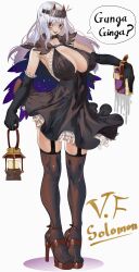 Rule 34 | 1girl, black dress, black gloves, black thighhighs, borrowed character, breasts, brown footwear, cleavage, commentary, dress, english commentary, garter straps, gloves, high heels, highres, holding, holding lantern, lantern, large breasts, long hair, open mouth, original, red eyes, solo, speech bubble, thighhighs, tomatolover16, white hair