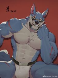 Rule 34 | 1boy, abs, absurdres, animal ears, bara, blue fur, bulge, dislyte, freddy (fenrir) (dislyte), furry, furry male, highres, large pectorals, looking at viewer, male focus, mature male, munax od, muscular, muscular male, navel, nipples, pectorals, scar, scar across eye, scar on arm, seductive smile, smile, solo, stomach, sunglasses, thick eyebrows, thick thighs, thighs, topless male, wolf boy, wolf ears