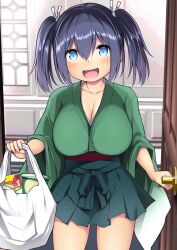 Rule 34 | 1girl, absurdres, bag, blue eyes, blue hair, blush, breasts, cleavage, cowboy shot, door, green hakama, green kimono, hair between eyes, hakama, hakama skirt, highres, holding, japanese clothes, kantai collection, kimono, kuromayu, large breasts, long hair, long sleeves, looking at viewer, open mouth, plastic bag, skirt, smile, solo, souryuu (kancolle), textless version, twintails, wide sleeves