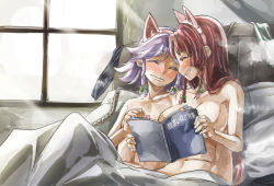 Rule 34 | 2girls, ^ ^, animal ears, bare shoulders, bed, blush, braid, breast hold, breasts, cat ears, closed eyes, unworn clothes, couple, closed eyes, fake animal ears, flat chest, grin, hairband, hong meiling, indoors, izayoi sakuya, large breasts, long hair, multiple girls, navel, notebook, nude, on bed, purple hair, red hair, short hair, silver hair, sitting, smile, touhou, translation request, twin braids, twintails, window, yohane, yuri