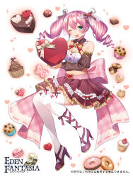 Rule 34 | 1girl, ;d, back bow, blue eyes, bow, box, breasts, brown skirt, brown sleeves, candy, cleavage, commentary request, cookie, cupcake, detached collar, detached sleeves, doughnut, drill hair, eden fantasia, food, hair bow, haruyuki 14, heart-shaped box, highres, huge bow, long hair, lydia (eden fantasia), medium breasts, midriff, muffin, official art, one eye closed, open mouth, pink bow, pink hair, purple footwear, skirt, smile, solo, thighhighs, twin drills, valentine, white thighhighs