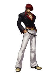 Rule 34 | 1boy, belt, choker, cropped jacket, full body, hair over one eye, hands in pockets, king of fighters xiii, male focus, official art, ogura eisuke, pants, pectoral cleavage, pectorals, red hair, simple background, snk, solo, standing, the king of fighters, the king of fighters xiii, white background, white pants, yagami iori