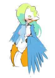 Rule 34 | 1girl, absurdres, bird legs, blue feathers, blush, closed eyes, colored skin, commentary, feathers, female masturbation, green hair, hair over one eye, harpy, heart, highres, implied incest, long hair, mako (eogks), masturbation, monster girl, navel, nipples, nn (eogks), nude, orange feathers, original, pillow sex, pointy ears, simple background, smelling, smelling clothes, smelling underwear, solo, two-tone wings, white background, white skin, winged arms, wings