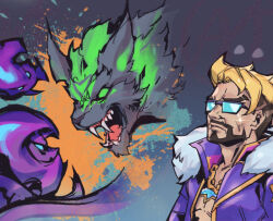 Rule 34 | 1boy, beard, blonde hair, brown hair, chain, character request, check character, collarbone, colored skin, draven, evelynn (league of legends), eye contact, facial hair, facing up, fangs, glasses, jacket, league of legends, looking at another, multicolored background, multicolored hair, open clothes, open jacket, phantom ix row, pink jacket, pink skin, sharp teeth, soul fighter draven, teeth, two-tone hair, warwick, werewolf