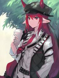 Rule 34 | 1girl, arknights, armor, belt, black belt, black hat, cabbie hat, commentary request, cup, grey vest, hair between eyes, hair ornament, hairclip, hat, holding, holding cup, horns, horns through headwear, long hair, long sleeves, low-tied long hair, pauldrons, pointy ears, red eyes, red hair, sasa onigiri, shirt, shoulder armor, sidelocks, solo, standing, upper body, very long hair, vest, vigna (arknights), white shirt