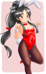 Rule 34 | 1girl, alternate costume, animal ears, black hair, bow, bowtie, breasts, brown eyes, brown pantyhose, commentary request, detached collar, feet out of frame, hair tie, high ponytail, kantai collection, leotard, long hair, multi-tied hair, nisshin (kancolle), one-hour drawing challenge, pantyhose, playboy bunny, rabbit ears, rabbit tail, ray.s, red bow, red bowtie, red footwear, red leotard, red ribbon, ribbon, short eyebrows, small breasts, solo, standing, standing on one leg, strapless, strapless leotard, tail, thick eyebrows, very long hair, wrist cuffs