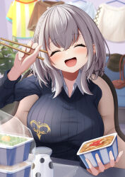 Rule 34 | 1girl, :d, bedroom, black sweater, blush, bottle, braid, breasts, chopsticks, closed eyes, collared shirt, commentary request, double-parted bangs, facing viewer, food, french braid, grey hair, gyuudon, hair between eyes, highres, holding, holding chopsticks, hololive, indoors, kaigan, large breasts, long sleeves, medium hair, milk bottle, oozora subaru, oozora subaru (1st costume), open mouth, ribbed sweater, shirogane noel, shirt, smile, solo, sweater, taut sweater, teeth, upper teeth only, virtual youtuber, wavy hair, white shirt