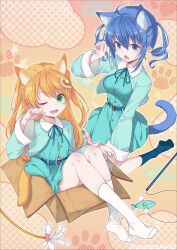 Rule 34 | 2girls, 40hara, ahoge, amiami (company), amico, animal ear fluff, animal ears, belt, black socks, blue eyes, blue hair, box, cat ears, cat girl, cat tail, cat teaser, drill hair, fang, green eyes, highres, in box, in container, kneehighs, kneeling, lilco, long hair, multiple girls, official art, one eye closed, orange hair, paw pose, sitting, socks, tail, two side up, white socks
