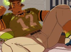 Rule 34 | 1boy, animal ears, bara, blush, brown hair, bulge, facial hair, feet out of frame, fiery horns, forked eyebrows, gimseonghoe, glowing horns, goatee, horns, male focus, manly, muscular, native american, pectorals, rugby uniform, short hair, sideburns, solo, sportswear, spread legs, thick eyebrows, thick thighs, thighs, tokyo houkago summoners, wakan tanka