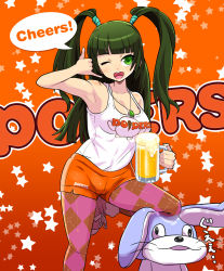 Rule 34 | 1girl, alcohol, argyle, argyle clothes, argyle legwear, armpits, bare shoulders, beer, beer mug, blush, boots, brand name imitation, breasts, cleavage, clothes writing, cup, employee uniform, english text, female focus, green eyes, green hair, highres, hooters, jewelry, large breasts, matching hair/eyes, mug, necklace, one eye closed, open mouth, osamu yagi, pantyhose, pantyhose under shorts, pop&#039;n music, rabbit, short shorts, shorts, sleeveless, smile, solo, stuffed animal, stuffed toy, tank top, tsurara (pop&#039;n music), twintails, uniform, usao-kun