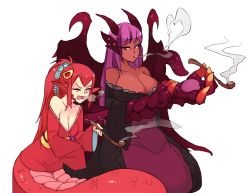 Rule 34 | 2girls, :d, alternate costume, animal hands, bare shoulders, black kimono, breasts, claws, cleavage, commentary, crossover, dark-skinned female, dark skin, dragon girl, dragon wings, english commentary, hair ornament, hairclip, holding, holding smoking pipe, jabberwock (monster girl encyclopedia), japanese clothes, kimono, lamia, large breasts, long hair, looking at another, miia (monster musume), monster girl, monster girl encyclopedia, monster musume no iru nichijou, multiple girls, off shoulder, one eye closed, open mouth, pointy ears, ponytail, purple hair, red eyes, red hair, red kimono, rtil, sash, scales, sidelocks, simple background, smile, smoke, smoking, smoking pipe, teeth, tongue, v-shaped eyebrows, white background, wince, wings, yellow eyes, yukata