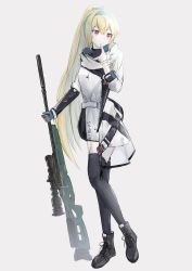 Rule 34 | 1girl, black footwear, black thighhighs, blonde hair, bolt action, boots, bow, closed mouth, finger to mouth, full body, girls&#039; frontline, gloves, green bow, green hairband, grey gloves, gun, hair bow, hairband, highres, holding, holding gun, holding weapon, jacket, long hair, looking away, mod3 (girls&#039; frontline), ponytail, red eyes, rifle, single glove, smile, sniper rifle, solo, standing, sv-98, sv-98 (girls&#039; frontline), sv-98 (mod3) (girls&#039; frontline), thighhighs, weapon, wh1te, white background, white jacket