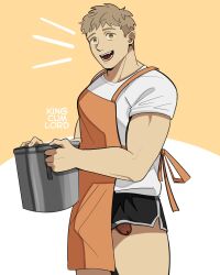 Rule 34 | 1boy, apron, artist name, bara, black shorts, brown hair, commentary, cowboy shot, dolphin shorts, dungeon meshi, english commentary, hands up, highres, holding, kingcumlord, laios touden, looking at viewer, male focus, open mouth, orange apron, penis, penis peek, shirt, short hair, short sleeves, shorts, solo, undercut, very short hair, white background, white shirt, yellow background, yellow eyes