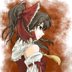 Rule 34 | 1girl, bow, brown eyes, brown hair, detached sleeves, female focus, hair bow, hakurei reimu, imperishable night, japanese clothes, jyun, miko, profile, solo, touhou, upper body