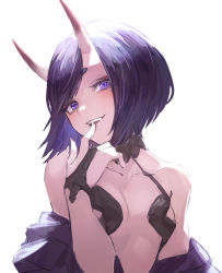Rule 34 | 1girl, bare shoulders, bob cut, breasts, bridal gauntlets, eyeliner, fangs, fate/grand order, fate (series), finger to mouth, highres, horns, japanese clothes, kimono, looking at viewer, makeup, off shoulder, oni, open clothes, open kimono, open mouth, otsukemono, purple eyes, purple hair, purple kimono, revealing clothes, short eyebrows, short hair, shuten douji (fate), simple background, skin-covered horns, small breasts, smile, solo, white background