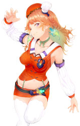 Rule 34 | 1girl, absurdres, arm up, belt, bow choker, chef hat, choker, commentary, detached sleeves, earrings, feather earrings, feathers, foot out of frame, gradient hair, green choker, green hair, grin, hat, highres, hololive, hololive english, jewelry, leg lift, long hair, looking at viewer, mini hat, multicolored hair, navel, orange hair, orange shirt, orange shorts, plain 222, purple eyes, shirt, short shorts, shorts, simple background, skirt, smile, solo, standing, standing on one leg, suspender shorts, suspender skirt, suspenders, takanashi kiara, thighhighs, tilted headwear, virtual youtuber, white background, white thighhighs