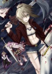 Rule 34 | 2boys, 2girls, ahoge, alec-gdlk, arm up, armor, armored dress, astolfo (fate), belt, black footwear, black legwear, black pants, black ribbon, black skirt, blonde hair, blood, blood on clothes, blood on hands, blood splatter, blood stain, boots, bra, braid, breasts, brown hair, cape, celenike icecolle yggdmillennia, clarent (fate), cleavage, cloak, command spell, commentary, decapitation, denim, denim shorts, fate/apocrypha, fate (series), fur trim, garter straps, gauntlets, gold trim, green eyes, guro, hair ornament, hair ribbon, hand on own hip, hand on shoulder, high ponytail, highres, holding, holding polearm, holding spear, holding sword, holding weapon, jacket, jewelry, long braid, long hair, long sleeves, midriff, mordred (fate), mordred (fate/apocrypha), multicolored hair, multiple boys, multiple girls, navel, necklace, one eye closed, open clothes, open jacket, over shoulder, pants, pink eyes, pink hair, polearm, ponytail, red eyes, red jacket, ribbon, shirt, shoes, short hair, short shorts, shorts, sieg (fate), single braid, sitting, skirt, small breasts, spear, stomach, sword, sword behind back, sword over shoulder, thighhighs, thighhighs under boots, torn clothes, torn shorts, trap, turtleneck, two-tone hair, underwear, very long hair, waistcoat, weapon, weapon over shoulder, white bra, white footwear, white shirt