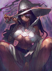 Rule 34 | 1girl, bandages, belt, black hair, breasts, crescent moon, dark-skinned female, dark skin, green eyes, hair over one eye, hat, highres, lack, large breasts, lips, long hair, midriff, moon, navel, original, sitting, skirt, smoke, solo, underboob, white witch (lack), witch hat