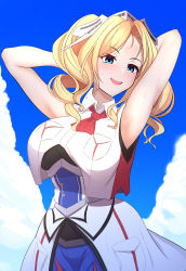 Rule 34 | 1girl, absurdres, arms up, blonde hair, blue eyes, blush, breast pocket, breasts, cloud, day, dress, drill hair, headgear, highres, honolulu (kancolle), kantai collection, kazuryuu, large breasts, long hair, open mouth, outdoors, pocket, red neckwear, sky, sleeveless, solo, twin drills, twintails, upper body
