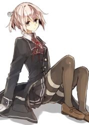 Rule 34 | 10s, 1girl, alternate costume, black jacket, black pantyhose, black skirt, blazer, buttons, chibirisu, expressionless, full body, head tilt, jacket, kantai collection, loafers, long sleeves, pantyhose, pink hair, pleated skirt, ponytail, shiranui (kancolle), shoes, short hair, short ponytail, simple background, sitting, skirt, solo, thighband pantyhose, thighs, white background
