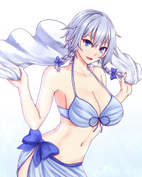 Rule 34 | 1girl, :d, bare arms, bare shoulders, bikini, blue background, blue bikini, blue bow, blue eyes, bow, braid, breasts, cleavage, collarbone, commentary, cowboy shot, gradient background, hair between eyes, hair bow, halterneck, hands up, highres, holding, izayoi sakuya, large breasts, looking at viewer, navel, open mouth, sarong, short hair, silver hair, smile, solo, stomach, swimsuit, touhou, twin braids, white background, zellam