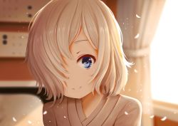 Rule 34 | 1girl, backlighting, bed, blue eyes, blurry, blush, close-up, closed mouth, copyright request, curtains, day, depth of field, hair over one eye, head tilt, indoors, kirimatsu, looking at viewer, petals, pillow, short hair, silver hair, smile, solo, sunlight, tareme, upper body