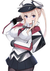 Rule 34 | 1girl, absurdres, black gloves, black pantyhose, black skirt, blonde hair, blush, breasts, capelet, closed mouth, cowboy shot, cross, fathom, gloves, graf zeppelin (kancolle), hair between eyes, hat, highres, iron cross, kantai collection, large breasts, long hair, long sleeves, necktie, pantyhose, peaked cap, pleated skirt, purple eyes, red necktie, sidelocks, simple background, skirt, solo, twintails, white background, white hat