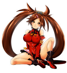 Rule 34 | 1girl, boots, breasts, brown eyes, brown hair, covered erect nipples, evil-dei, female focus, full body, guilty gear, highres, kuradoberi jam, large breasts, lips, long hair, navel, simple background, sitting, smile, solo, spread legs, thighs, very long hair, white background